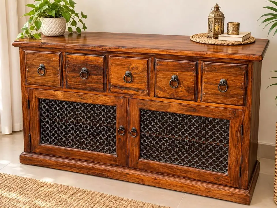 Solid wood sideboard with five drawers and lattice cabinet doors in a Dubai villa